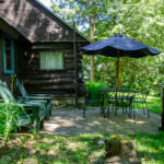 Cole Cabin pond-side patio with propane fired barbecue.