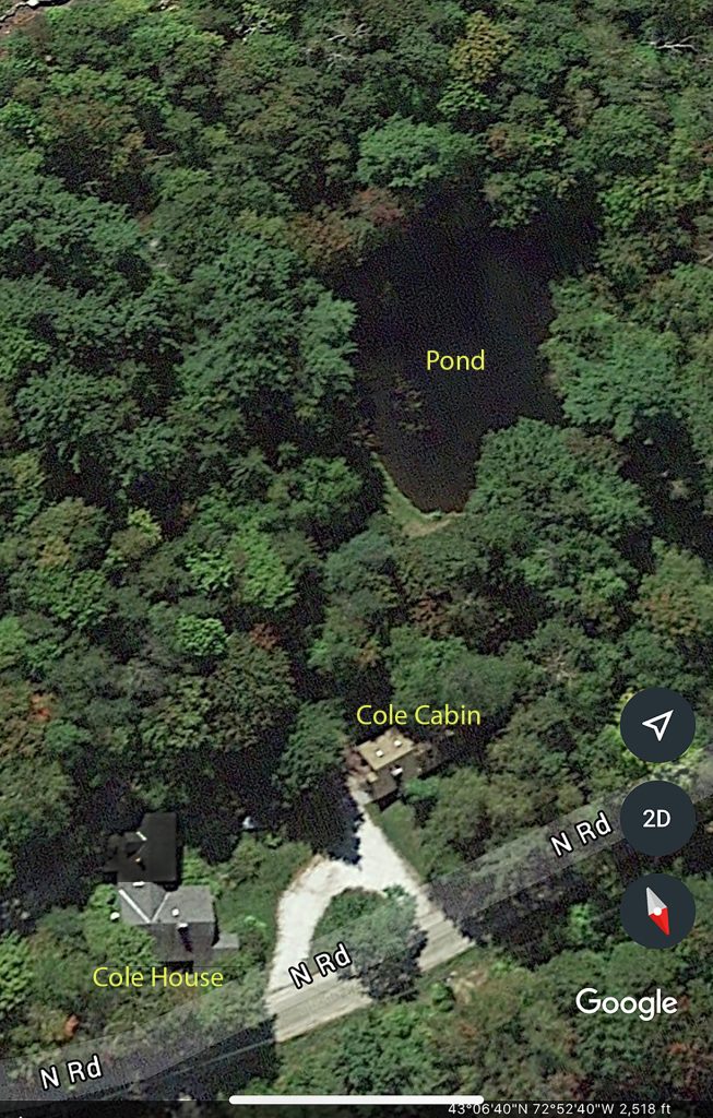 Google Earth Photo of the location of the Cole House and Cole Cabin in Stratton with the pond.
